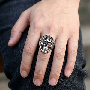 Roman Warrior Garnet-Eye Sterling Silver Skull Ring, worn on the hand