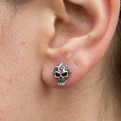Rose Crown Skull Garnet Sterling Silver Stud Earrings