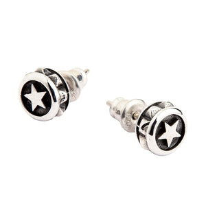 Round Star Stud Earrings in Sterling Silver. Triangular ridges are visible around the sides of the round studs.