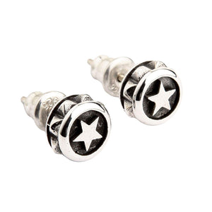 Round Star Stud Earrings in Sterling Silver. Two polished five-point stars rise from dark circular backgrounds.