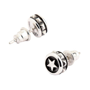 Round Star Stud Earrings in Sterling Silver. One round star faces forward while the other turns to show its smooth back and post.