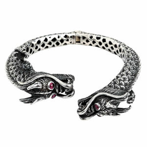 Ruby Eye Double Dragon Sterling Silver Cuff. Closed dragon cuff front.