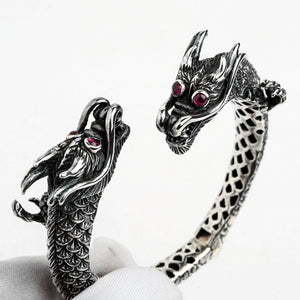 Ruby Eye Double Dragon Sterling Silver Cuff. Facing heads upright.