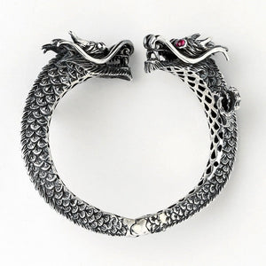 Ruby Eye Double Dragon Sterling Silver Cuff. Hinge band profile.