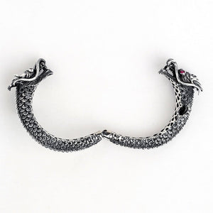 Ruby Eye Double Dragon Sterling Silver Cuff. Open cuff full arc.