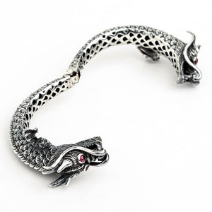 Ruby Eye Double Dragon Sterling Silver Cuff. Wide open hinge.