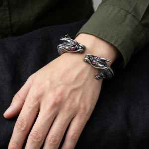 Ruby Eye Double Dragon Sterling Silver Cuff worn on an adult wrist.