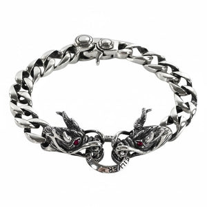 Armband aus Sterlingsilber mit zwei Drachenköpfen und Rubinaugen — Vorderansicht