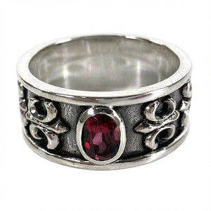 Bague bandeau en argent sterling avec fleur de lys rouge rubis, pierre ovale rouge rubis à l'avant et volutes