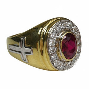 Ruby-Red Stone Gold-Plated Bishop Ring, cross shoulder