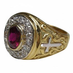 Ruby-Red Stone Gold-Plated Bishop Ring, ruby red angle