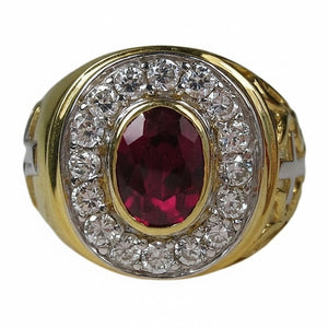 Ruby-Red Stone Gold-Plated Bishop Ring, stone halo front