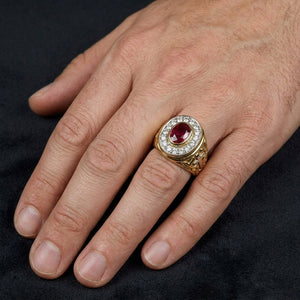 Ruby-Red Stone Gold-Plated Bishop Ring, worn on an adult hand