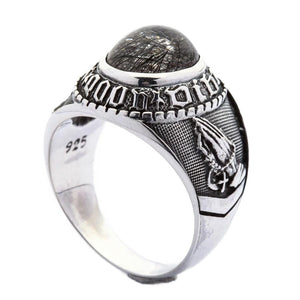 Anillo amuleto de plata de ley con cuarzo rutilado negro, interior con sello
