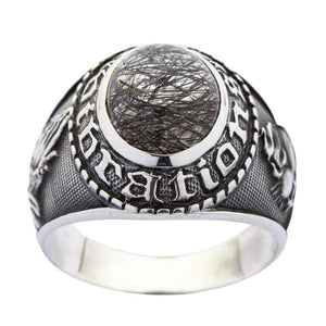 Anillo amuleto de plata de ley con cuarzo rutilado negro, frente de cuarzo rutilado