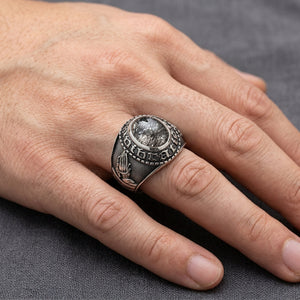 Black Rutilated Quartz Sterling Silver Amulet Ring, worn on an adult model