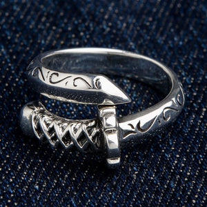 Samurai Sword Sterling Silver Open Band Ring showing katana on denim