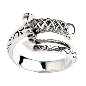 Samurai Sword Sterling Silver Open Band Ring showing open katana front