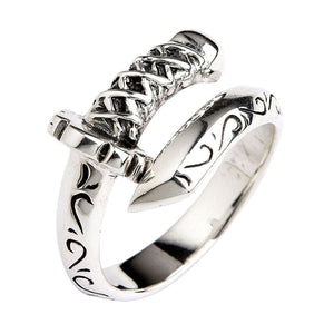 Samurai Sword Sterling Silver Open Band Ring showing woven handle and blade