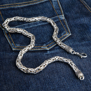 7mm Byzantine Sterling Silver Statement Necklace shown in extended links on denim view.