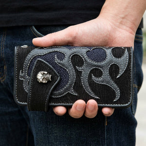 Shark and Stingray Flame Leather Biker Wallet, held at hip level