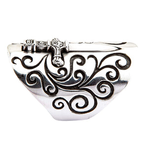 A side of the polished dagger and ornate hilt on the sterling silver shield ring.
