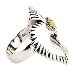 The side of the silver bird ring, showing the open band design for a comfortable fit and the 925 hallmark stamp.
