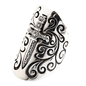 The side profile of the full-finger armor ring, highlighting its long, protective shield design.