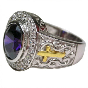 Amethyst White Gold-Plated Sterling Silver Bishop Ring, cross scrollwork detail