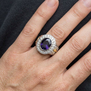 Amethyst White Gold-Plated Sterling Silver Bishop Ring, worn on an adult model