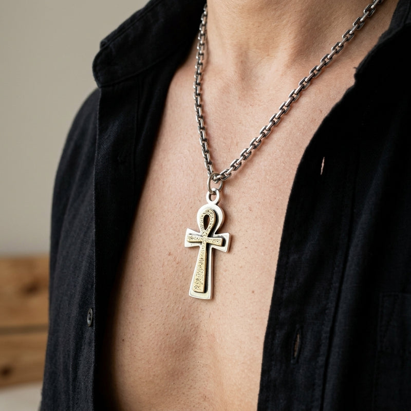Two-Tone Sterling Silver and Brass Ankh Pendant