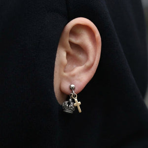 Silver Crown and Gold-Plated Cross Earrings, worn ear detail