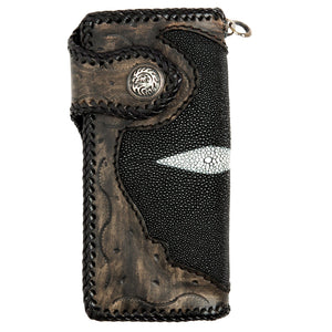 Dragon Concho Stingray & Tooled Leather Wallet showing the closed long wallet with dragon concho and pale pearl stripe.