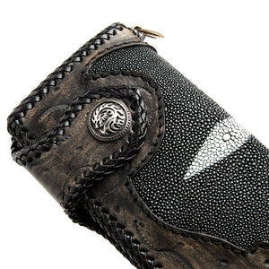 Dragon Concho Stingray & Tooled Leather Wallet showing close detail of the round dragon concho and pearl panel.