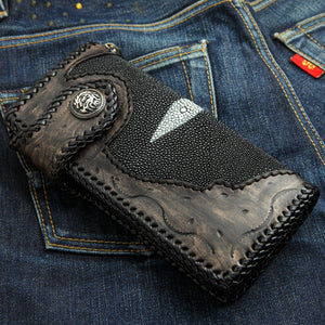 Dragon Concho Stingray & Tooled Leather Wallet showing the curved dragon strap and tooled border from the opposite side.