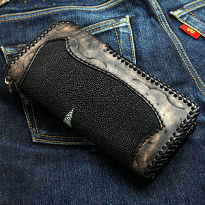Dragon Concho Stingray & Tooled Leather Wallet showing black stingray rear panel within tooled cowhide.