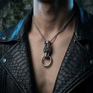 Eastern Dragon Head Sterling Silver Pendant worn by model