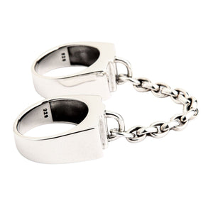 Chained Double Sterling Silver Handcuff Ring. Chain inner pair angle.