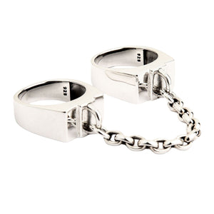 Chained Double Sterling Silver Handcuff Ring. Chain open pair angle.