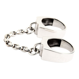 Chained Double Sterling Silver Handcuff Ring. Connecting links oblique.