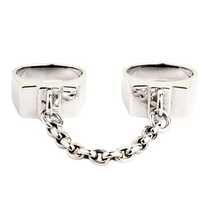 Chained Double Sterling Silver Handcuff Ring. Linked bands front.
