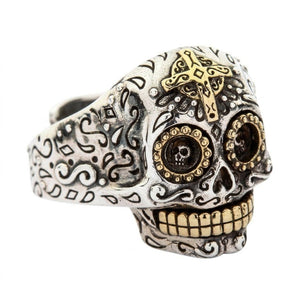 Dwukolorowy meksykański pierścień Calavera ze srebra sterling, twarz czaszki i mosiężny krzyż