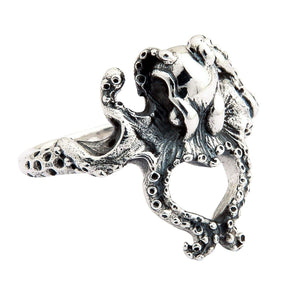 Small Octopus Sterling Silver Ring, angled octopus