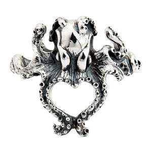 Small Octopus Sterling Silver Ring, front heart tentacles