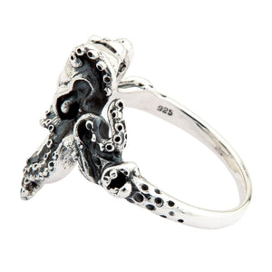 Small Octopus Sterling Silver Ring, three quarter tentacles