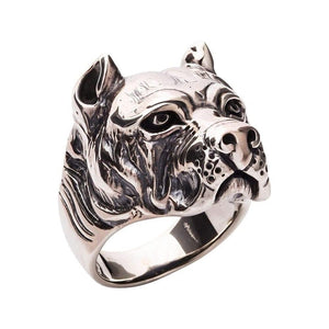 Pitbull Portrait Sterling Silver Ring. Dog portrait front.