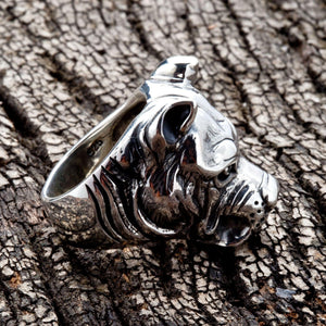 Pitbull Portrait Sterling Silver Ring. Ear neck right profile.