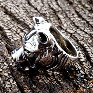 Pitbull Portrait Sterling Silver Ring. Muzzle left profile.