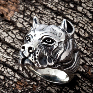 Pitbull Portrait Sterling Silver Ring. Portrait opposite angle.