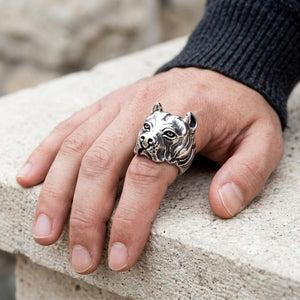 Pitbull Portrait Sterling Silver Ring worn on an adult hand.